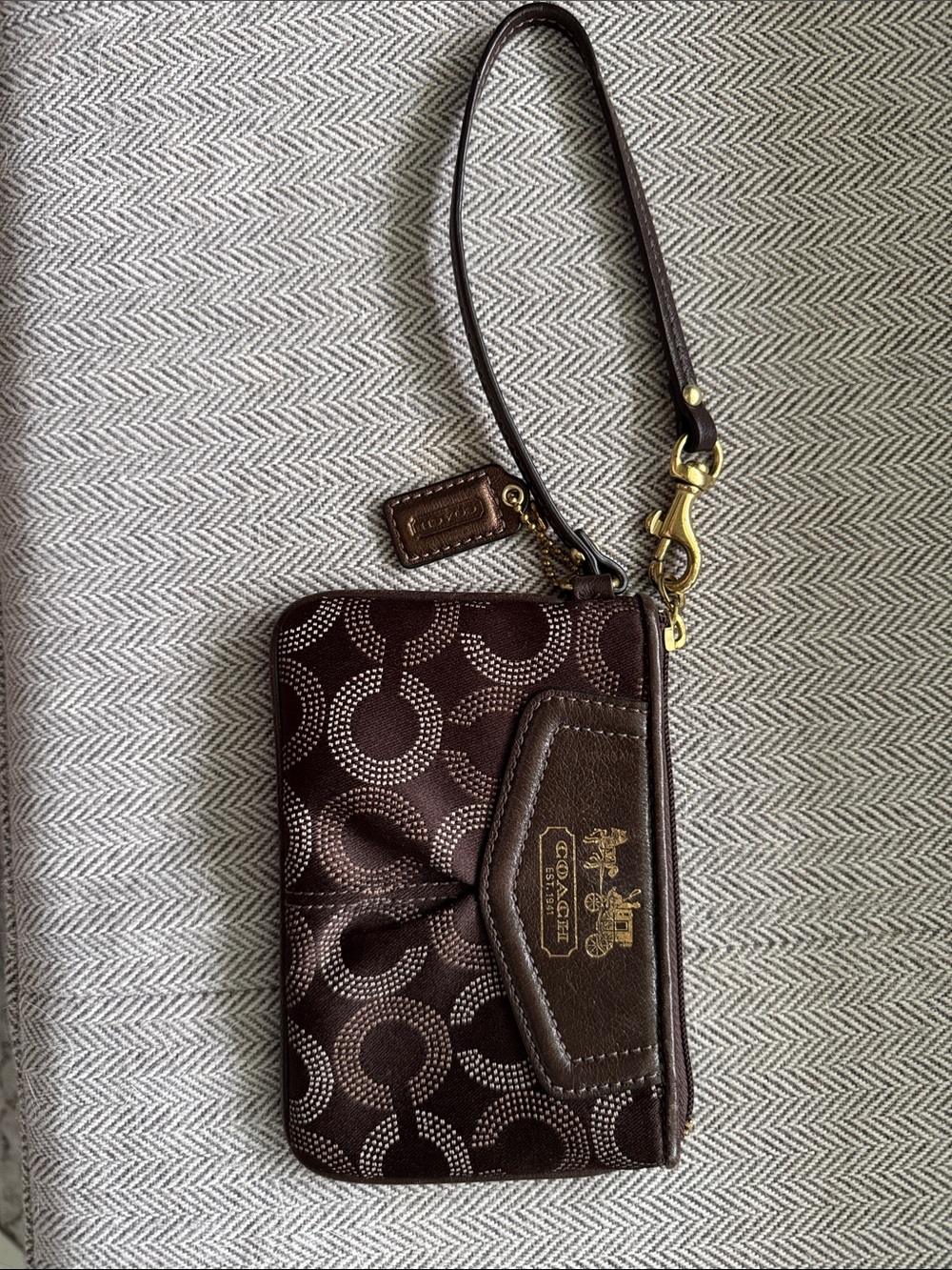 Coach Dark Brown Signature Wristlet with Gold Hardware